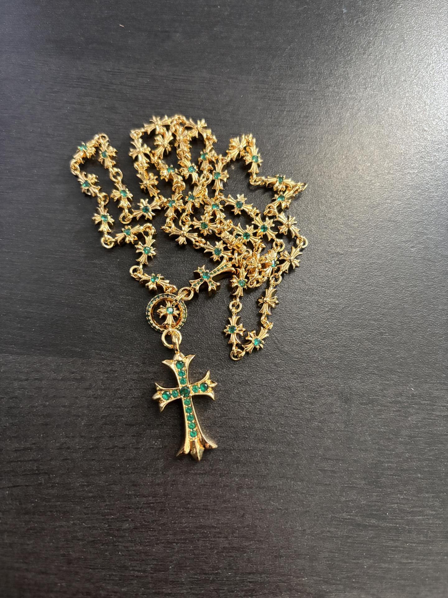 Chrome Hearts Gold Plated Rosary Necklace with Gemstone Cross